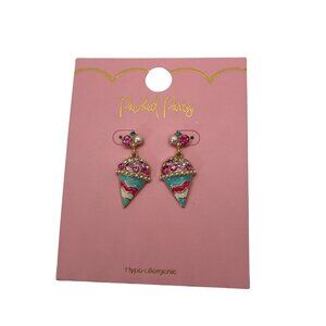Packed Party Earrings Ice Cream Cone Dangle Gold Tone Enamel Rhinestones New